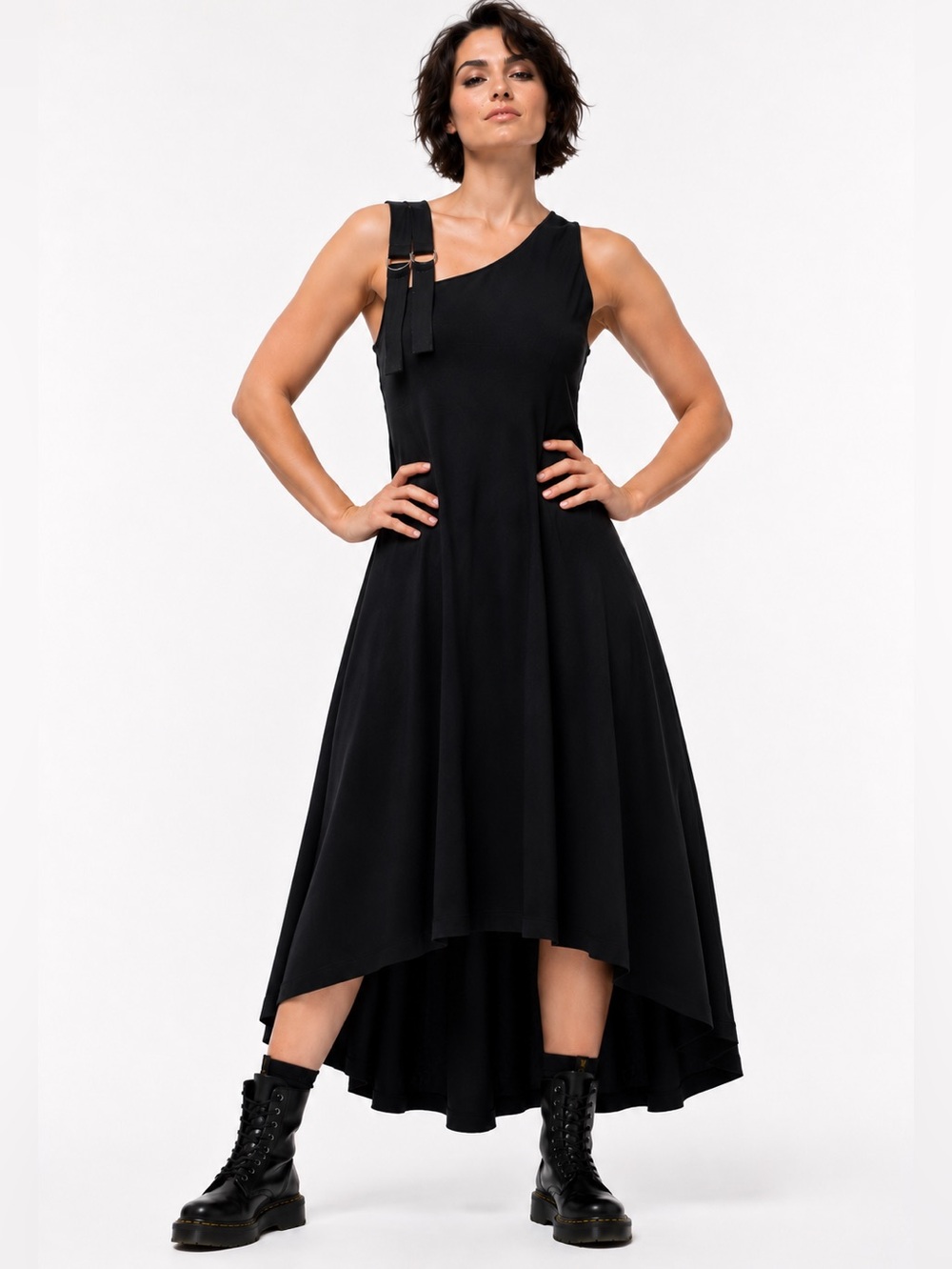 Luxury Unique La Stampa made in Greece Black cargo dress, One shoulder